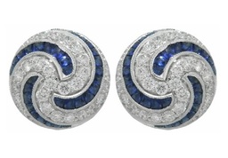 [17581] 18Kt White Gold Swirl Studs With (52) French Cut Sapphires Weighing 2.13ct And (54) Round Diamonds Weighing 0.88ct