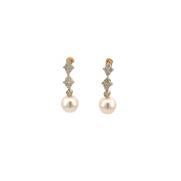 [PE214AYL] 14Kt Yellow Gold 8.5-9mm Cultured Pearl Drop Earrings With (18) Round Diamonds Weighing 0.54cttw