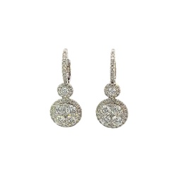 [M4776] 14Kt White Gold Halo Style Dangle Earrings With (102) Round Diamonds Weighing 3.21cttw