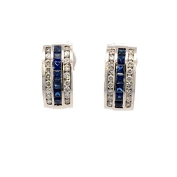 [3ROWSAPDIAEARR] 14Kt White Gold Three Row Drop Earrings With (14) Princess Cut Sapphires Weighing 1.50ct And (36) Round Diamonds Weighing 1.08ct