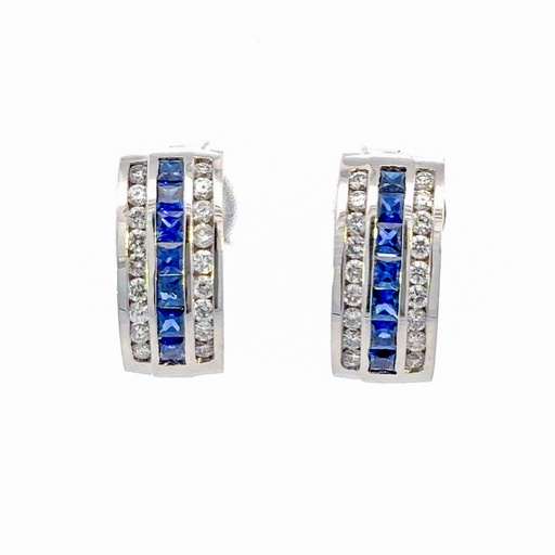 [3ROWSAPDIAEARR] 14Kt White Gold Three Row Drop Earrings With (14) Princess Cut Sapphires Weighing 1.50ct And (36) Round Diamonds Weighing 1.08ct