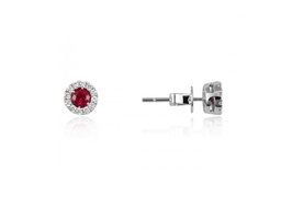 [E5757-R] 18Kt White Gold Studs With (2) Round Rubies Weighing 0.40ct And (24) Round Diamonds Weighing 0.15ct