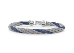 [04-13-BL20-00] Men's Stainless Steel Grey Nautical Cable And Blue Leather Twisted Bracelet