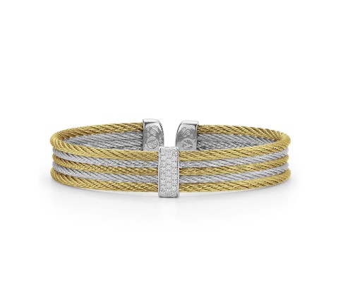 [04-43-S651-11] 18Kt White Gold Yellow And Grey Nautical Cable Cuff Bracelet With (23) Round Diamonds Weighing 0.19cttw