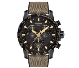 [T125.617.37.051.01] 45.5mm Supersport Chrono Quartz Movement Black Dial Watch With A Beige Fabric Strap
