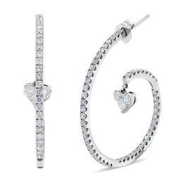 [E52387.1] 14Kt White Gold Heart Charm Swirl Earrings With (108) Round Diamonds Weighing 1.92ct And (2) Princess Cut Diamonds Weighing 0.23ct