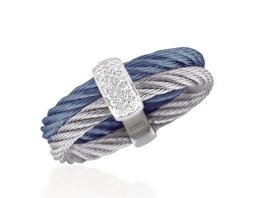 [A2-62-S221-11] 18Kt White Gold Grey And Island Blue Nautical Cable Two Row Ring With (10) Round Diamonds Weighing 0.05cttw