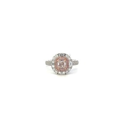 [7639] 18Kt Two Toned Halo Style Ring With A Center Light Pink Cushion Cut Diamond Weighing 0.60ct, (99) Round Diamonds Weighing 0.57ct, And (4) Baguette Diamonds Weighing 0.33ct