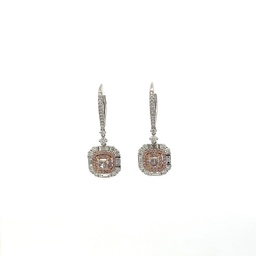 [7453] 18Kt Two Toned Halo Dangle Earrings With (2) Pink Cushion Cut Diamonds Weighing 0.58ct, (122) Round Diamonds Weighing 1.03ct, And (8) Baguette Diamonds Weighing 0.44ct
