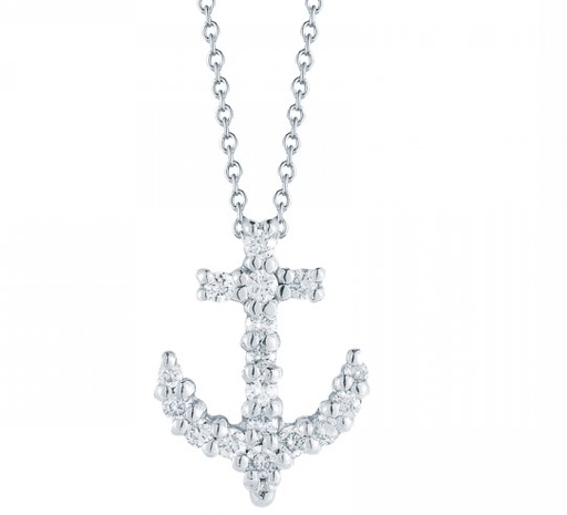 [001629AWCHX0] 18Kt White Gold Tiny Treasures Anchor Pendant Necklace With (17) Round Diamonds Weighing 0.15cttw