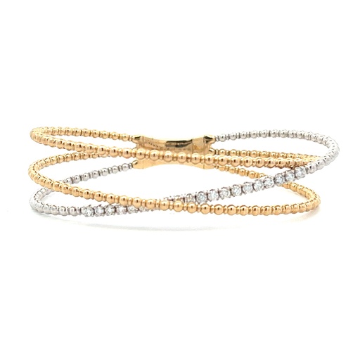 [B9074B] 14Kt Two Toned Beaded Slanted Bangle With (20) Round Diamonds Weighing 0.63cttw