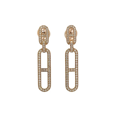 [E8782K] 14Kt Yellow Gold Chain Link Drop Earrings With (130) Round Diamonds Weighing 1.12cttw