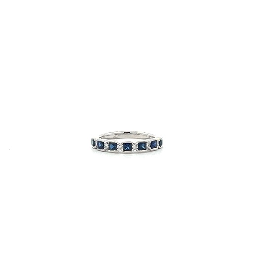 [R8901P] 14Kt White Gold Band With (7) Princess Cut Sapphires Weighing 0.72ct And (6) Round Diamonds Weighing 0.15ct