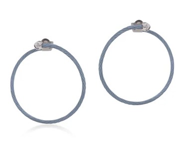 [03-64-6002-10] 18Kt White Gold Island Blue Nautical Cable Circle Hoops With (2) Round Diamonds Weighing 0.02cttw