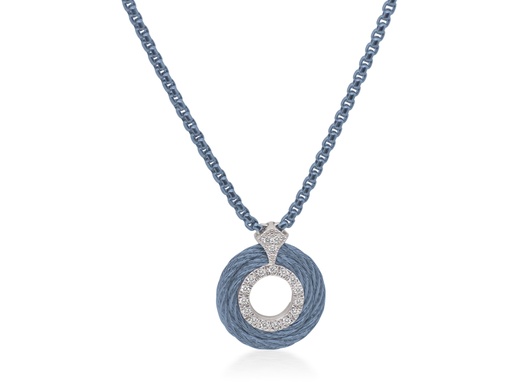 [08-64-0065-11] 14Kt White Gold Island Blue Nautical Cable Circle Necklace 0.15cttw