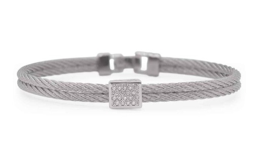 [04-32-9214-11] 18Kt White Gold Grey Nautical Cable Square Station Bracelet With (18) Round Diamonds Weighing 0.15cttw