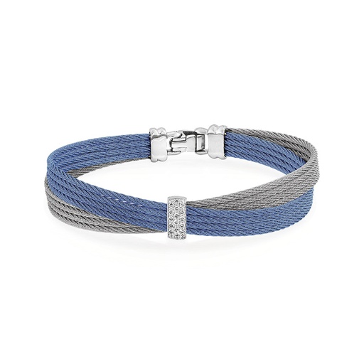 [04-62-S551-11] 18Kt White Gold Grey And Island Blue Nautical Cable Crossed Bracelet With (19) Round Diamonds Weighing 0.16cttw