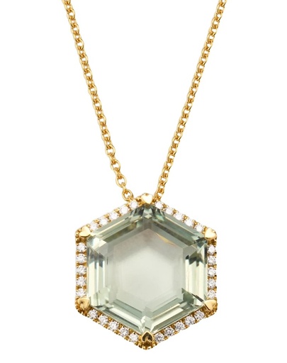 [GAHXCHYD20] 18Kt Yellow Gold Necklace Necklace With A Hexagon Green Quartz And (30) Round Diamonds Weighing 0.20cttw