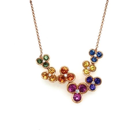 [RNBFLCHRD12] 18Kt Rose Gold Floral Necklace With (21) Rainbow Sapphires Weighing 1.76ct And (7) Round Diamonds Weighing 0.07ct