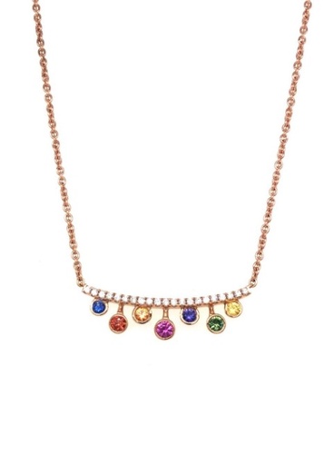 [RNBBRCHRD15] 18Kt Rose Gold Bar Necklace With (7) Rainbow Sapphires Weighing 0.51ct And (21) Round Diamonds Weighing 0.15ct