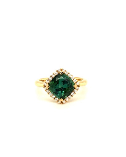 [INCS8MRGYD] 18Kt Yellow Gold Ring With An 8mm Cushion Indicolite And (24) Round Diamonds Weighing 0.15cttw