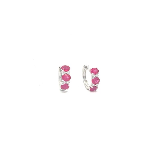 [M7764] 14Kt White Gold Huggie Hoops With (6) Oval Rubies Weighing 1.24ct And (8) Round Diamonds Weighing 0.11ct