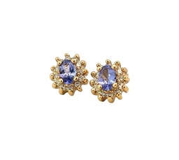 [M4254] 14Kt Yellow Gold Cluster Stud Earrings With Oval Tanzanites Weighing 0.76ct And Round Diamonds Weighing 0.40ct