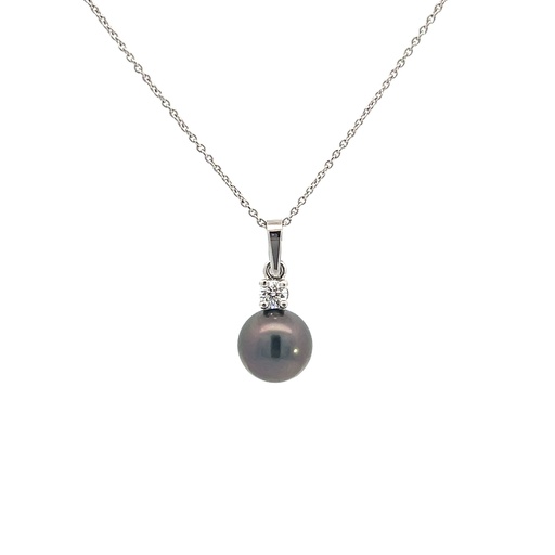 [BDPC] 18Kt White Gold Necklace With A 9-10mm Tahitian Pearl And A Round Diamond Weighing 0.17cttw