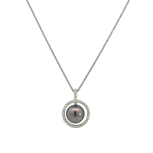 [PP218TW] 14Kt White Gold Necklace With A 8.5-9mm Tahitian Pearl And (38) Round Diamonds Weighing 0.25cttw