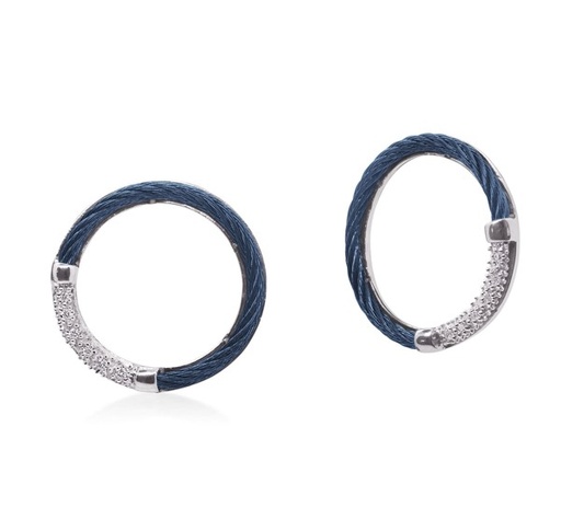 [03-28-0610-11] 18Kt White Gold Blueberry Nautical Cable Circle Earrings With (12) Round Diamonds Weighing 0.06cttw