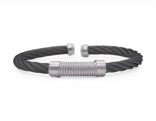 [04-81-0061-00] Men's Stainless Steel Black And Grey Nautical Cable Wrapped Cuff Bracelet Sz7