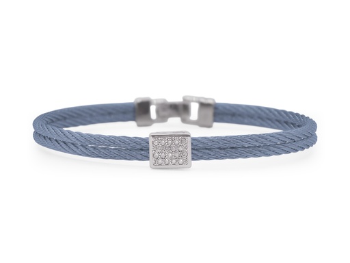 [04-64-9214-11] 18Kt White Gold Island Blue Nautical Cable Square Station Bracelet 0.15cttw