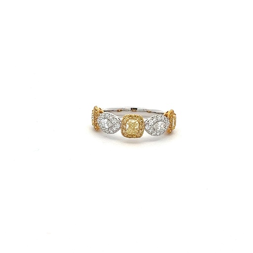 [7192-4] 18Kt Two Toned Ring With (3) Yellow Cushion Cut Diamonds Weighing 0.74ct, (2) Marquise Diamonds Weighing 0.22ct, And (66) Round Diamonds Weighing 0.52ct