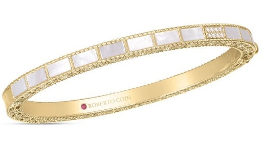 [8883382AYBAX] 18Kt Yellow Gold Mosaic Mother Of Pearl Bangle With (8) Round Diamonds Weighing 0.05cttw