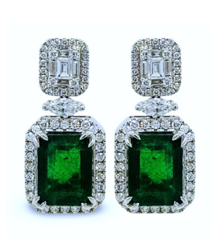 [22385] 18Kt White Gold Dangle Earrings With (2) Emerald Cut Emeralds Weighing 4.37ct, (2) Marquise, (10) Baguette, And (108) Round Diamonds Weighing 0.88ct