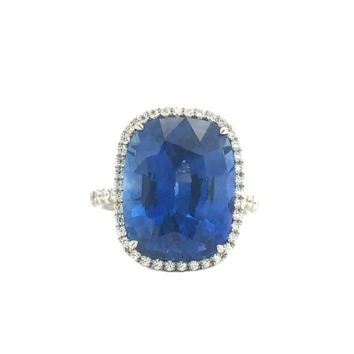 [S09106] Platinum Halo Style Ring With A Cushion Cut Sapphire Weighing 13.66ct And (58) Round Diamonds Weighing 0.48ct