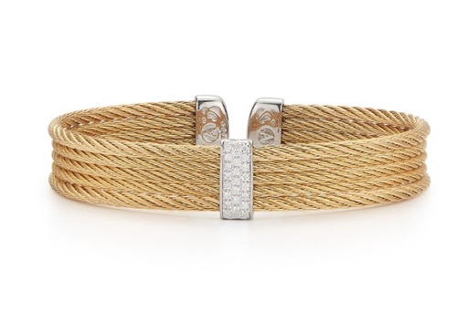 [04-37-S651-11] 18Kt White Gold Yellow Nautical Cable Five Row Cuff Bracelet With (23) Round Diamonds Weighing 0.19cttw