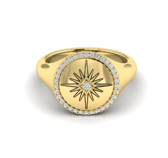 [VR60730] 14Kt Yellow Gold Amuleta Signet Ring With (35) Round Diamonds Weighing 0.21cttw
