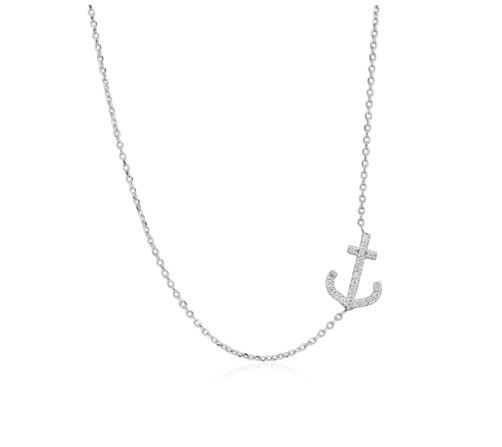 [S09560] 14Kt White Gold Anchor Necklace With (22) Round Diamonds Weighing 0.08cttw