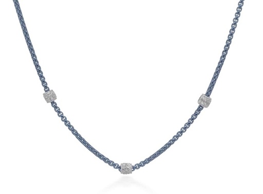 [08-64-1038-11] 14Kt White Gold Island Blue Chain Three Barrel Station Necklace With (48) Round Diamonds Weighing 0.40cttw