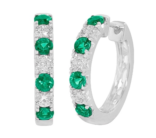 [E6155-EM] 18Kt White Gold Hoops With (8) Round Emeralds Weighing 0.72ct And (6) Round Diamonds Weighing 0.54ct