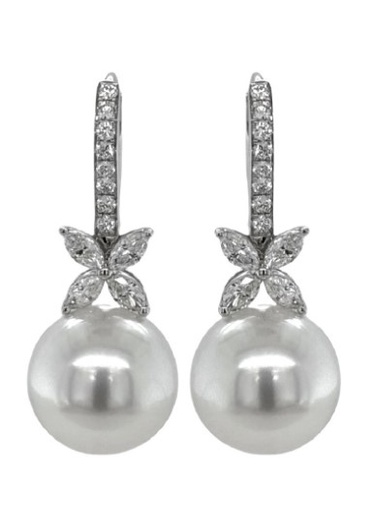 [23423] 18Kt White Gold Pearl Drop Earrings With Marquise And Round Diamonds Weighing 0.78cttw