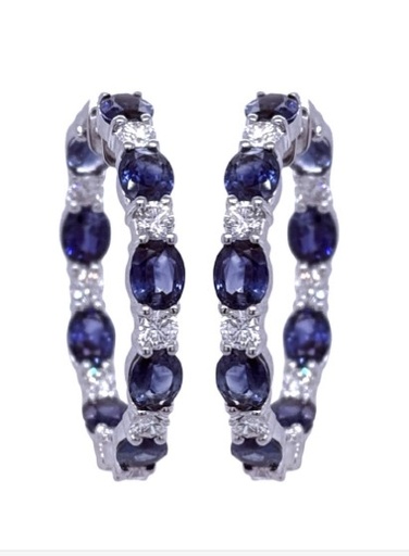 [23413] 18Kt White Gold In/Out Hoops With (18) Oval Sapphires Weighing 7.64ct And (18) Round Diamonds Weighing 1.62ct
