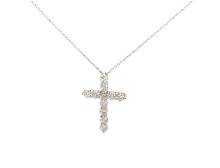 [P058-250-W] 14Kt White Gold Cross Necklace With (11) Round Diamonds Weighing 2.47cttw