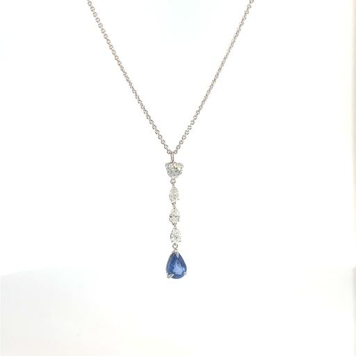 [7347] 18Kt White Gold Dangle Necklace With A Pear Shaped Sapphire Weighing 0.73ct, (3) Pear Shaped Diamonds Weighing 0.27ct, And A Round Diamond Weighing 0.23ct