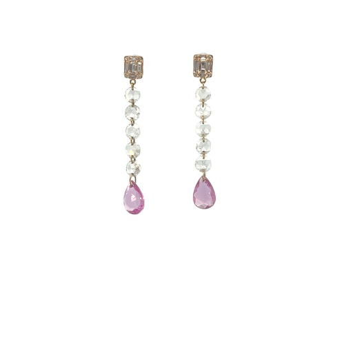 [6808-2] 18Kt Yellow Gold Dangle Earrings With (2) Pink Sapphires Weighing 1.31ct, (10) Rose Cut Diamonds Weighing 1.00ct, And (18) Baguette And Round Diamonds Weighing 0.23ct