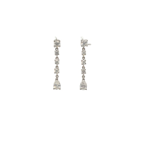 [7006] 18Kt White Gold Dangle Earrings With (2) Pear Shaped Diamonds Weighing 0.64ct, (6) Round Diamonds Weighing 0.35ct, And (2) Cushion Cut Diamonds Weighing 0.42ct