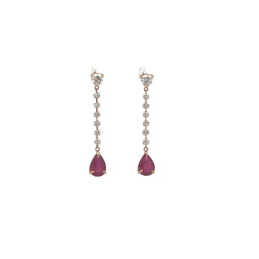 [7082-1] 18Kt Rose Gold Dangle Earrings With (2) Pear Shaped Rubies Weighing 1.65ct And (14) Round Diamonds Weighing 0.91ct