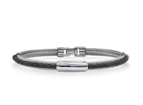 [04-13-BK34-00] Stainless Steel Grey Nautical Cable Black Leather Men's Bracelet