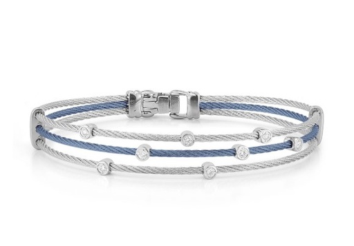 [04-62-0386-11] 18Kt White Gold Grey And Island Blue Nautical Cable Three Strand Scattered Station Bracelet With (8) Round Diamonds Weighing 0.17cttw
